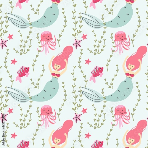 Cartoon mermaid seamless pattern. Cute little underwater character, princess with fish tail, fantasy creature, kids fairy tale girl. Decor textile, wrapping paper wallpaper, vector print or fabric