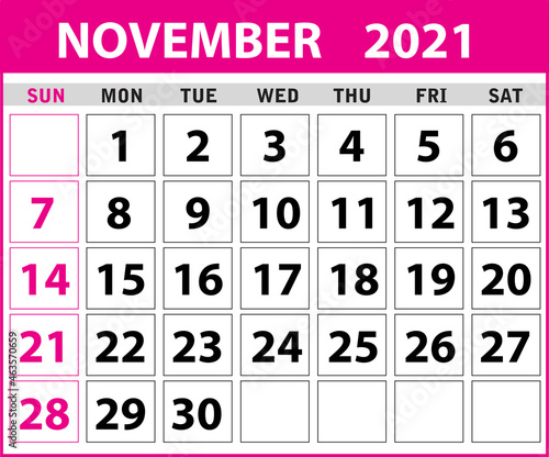 2021 November Calendar Layout template isolated in white background, Week starts Sunday. Pocket calendar year layout. Year organizer. Stationery template in minimal design. vector illustration