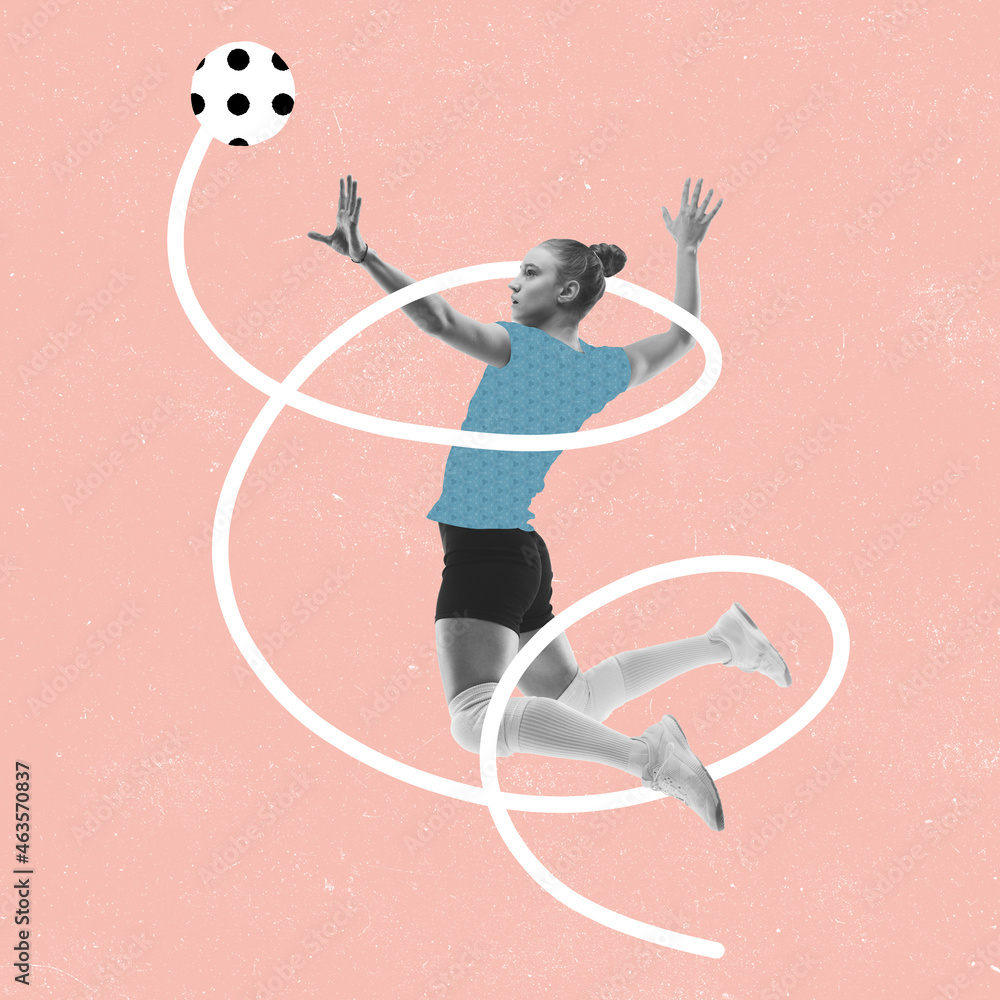 Modern design, contemporary art collage. Inspiration, idea, trendy magazine style. Sport. Professional female volleyball player on pink background. - obrazy, fototapety, plakaty 