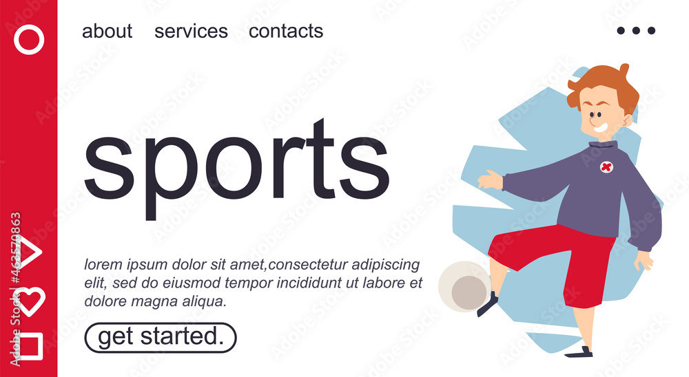 Kids sports website banner with boy playing football, flat vector illustration. Kids sports website banner with boy playing football, flat vector illustration.