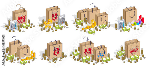 Shop retail sale vector 3D illustrations set isolated on white background, shopping bags with money and other elements, store discount, Black Friday concept, clearance.