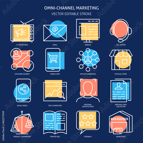 Omni-channel marketing icon collection in line style