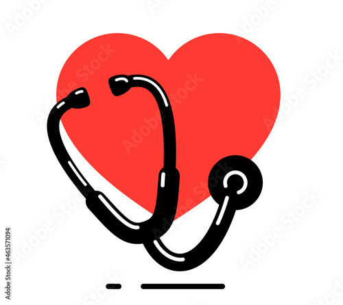Stethoscope with heart vector simple icon isolated over white background, cardiology theme illustration or logo.