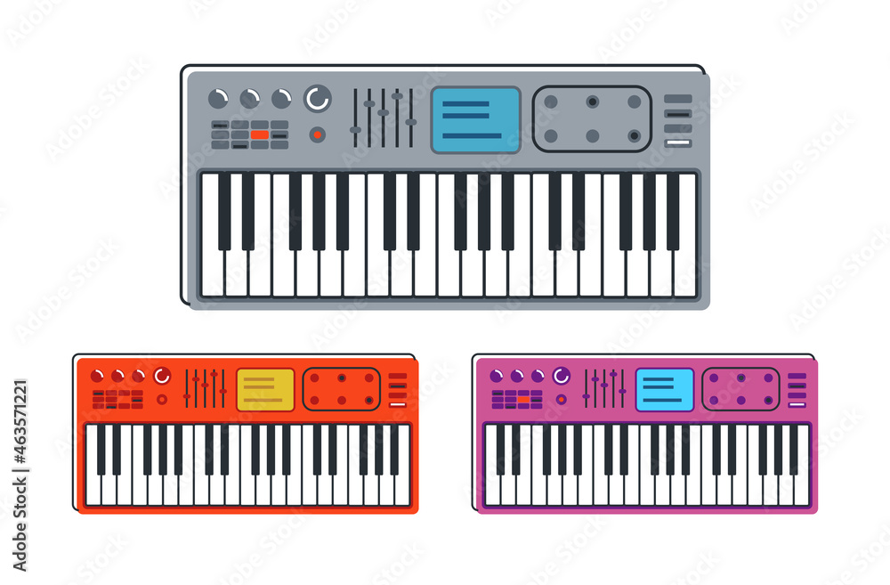 Synthesizer musical instrument vector flat illustration isolated over white background, keyboard music instruments. Synthesizer musical instrument vector flat illustration isolated over white background, keyboard music instruments.