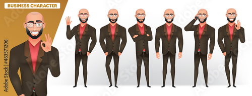 Business man character vector set. Business manager bald characters collection in standing pose gesture for male boss office job employee design. Vector illustration.
