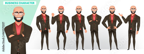 Business man characters vector set. Businessman boss character standing with happy, smiling and angry facial expressions for manager employee collection design. Vector illustration.
