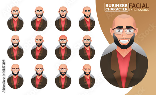 Businessman facial expressions vector set. Business man bald boss character in smiling, serious and angry face reaction for male manager employee mood emotion design. Vector illustration.
