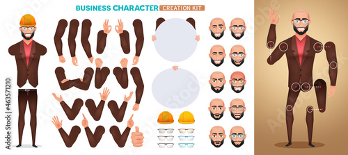 Business man creator kit vector set. Businessman characters creation with editable hand gestures, head and elements like white board for business body parts pose design. Vector illustration.
