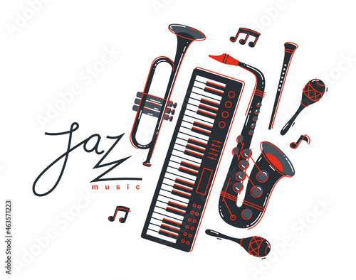 Jazz music band poster vector flat illustration, live sound festival or concert advertising flyer or banner, play different instruments orchestra.