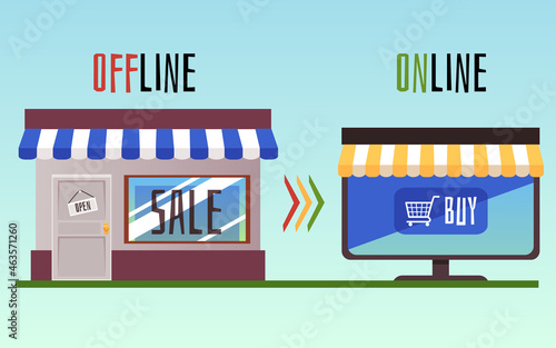 Juxtaposition and difference online and offline store, flat vector illustration.