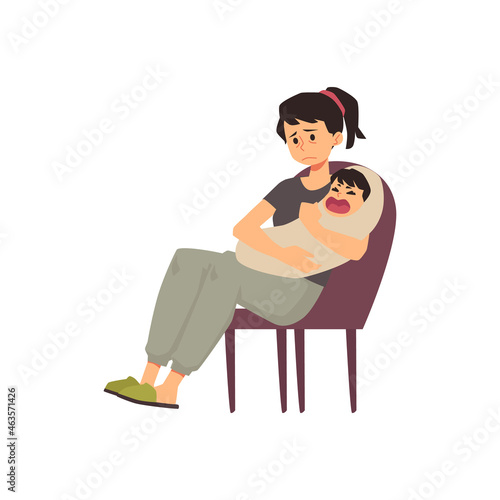 Tired frustrated mother in need of help, flat vector illustration isolated.