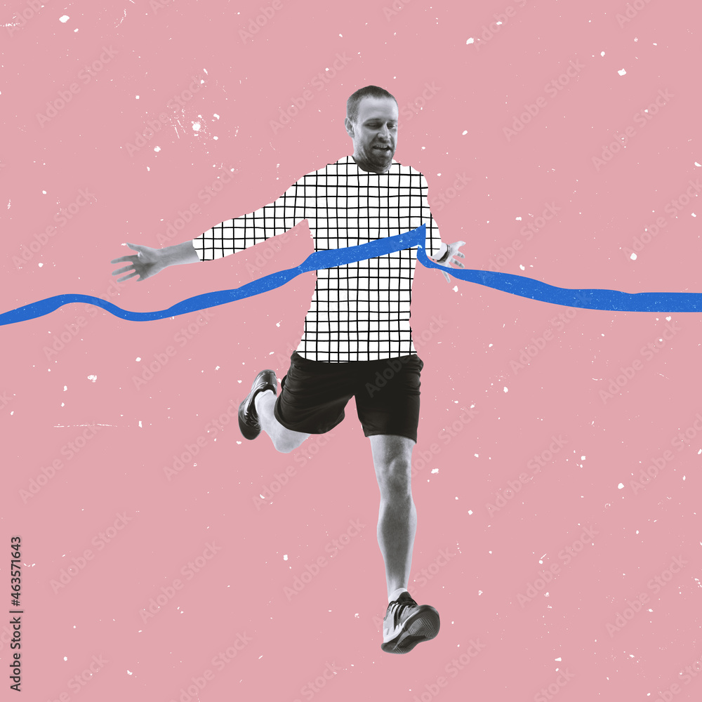 Contemporary art collage. Inspiration, idea, trendy magazine style. Sport. Professional male athlete, runner on bright background with drawings. - obrazy, fototapety, plakaty 