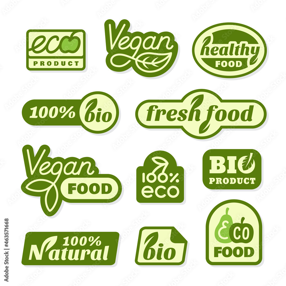 Vegan food stickers. Eco veggie freshness label, green bio tags. Ecology emblem for packaging, healthy vegetarian product tidy vector badges
