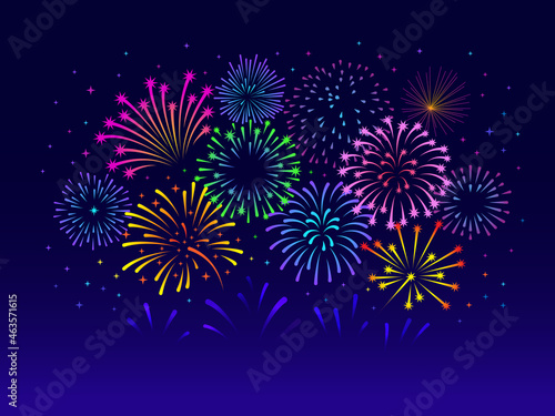 Color fireworks banner. Firework decoration, abstract red green yellow blue pyrotechnics show. Winter holiday, new year party tidy vector background