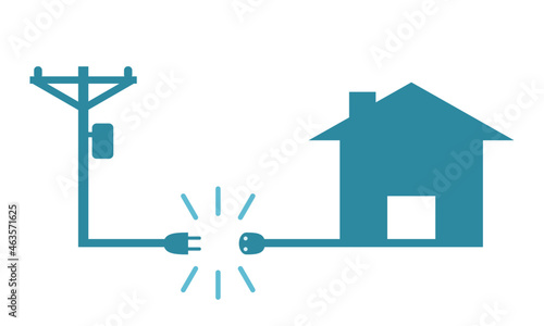 Electric poles to transmit electricity to house or home power failure outage plug and socket unplug black icon on white background blue flat vector design.