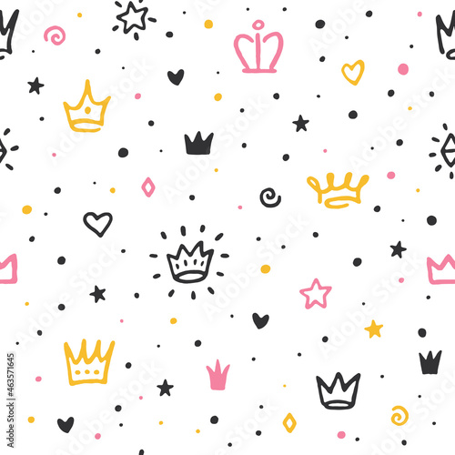 Crown pattern. Royal print, crowns wallpaper. Little prince or princess elements, cute children decoration. Girl or queen tidy vector seamless texture