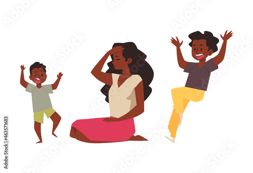 Black Mom is tired and sad because of noisy kids. African American mother exhausted and having headache.