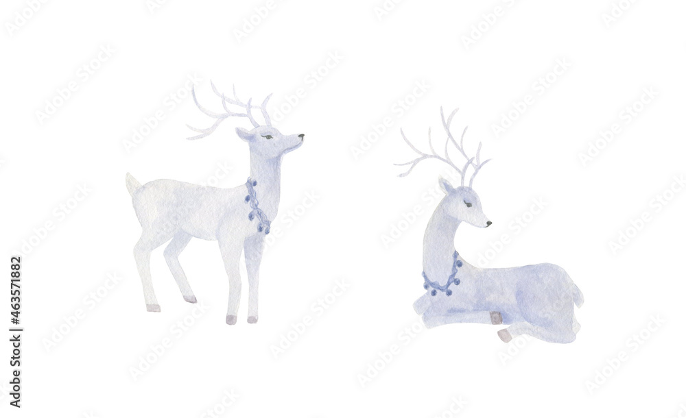 Deer new year gentle hand watercolor painting