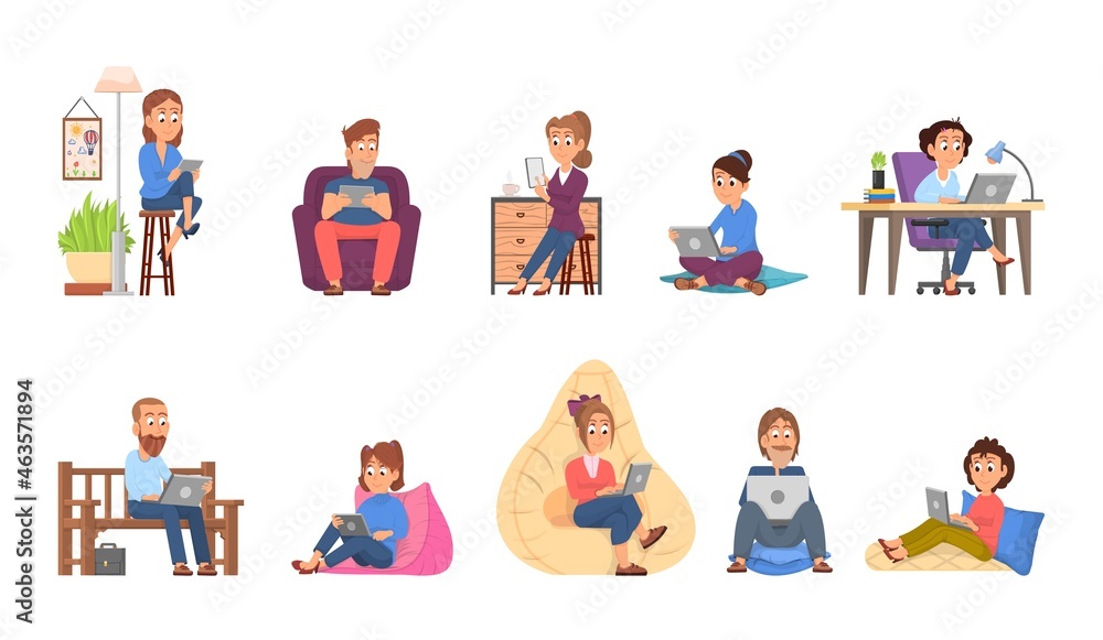 People working from home. House office, remote business characters. Freelancer, man woman with computer, laptop and smartphone decent vector set