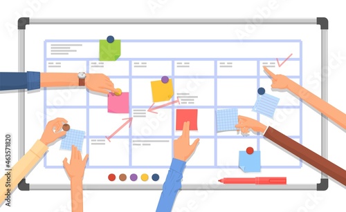 Work planning board. Arm with marker, business project collaboration plan. Time management, office schedule and task whiteboard decent vector concept