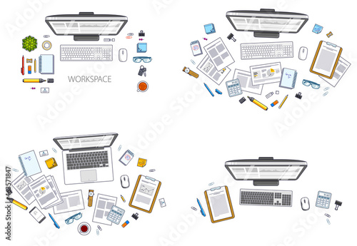 Office employee or entrepreneur work desks workplaces with PC and laptops and diverse stationery objects for work and analytics papers, top view. All elements are easy to use separately. Vector set.