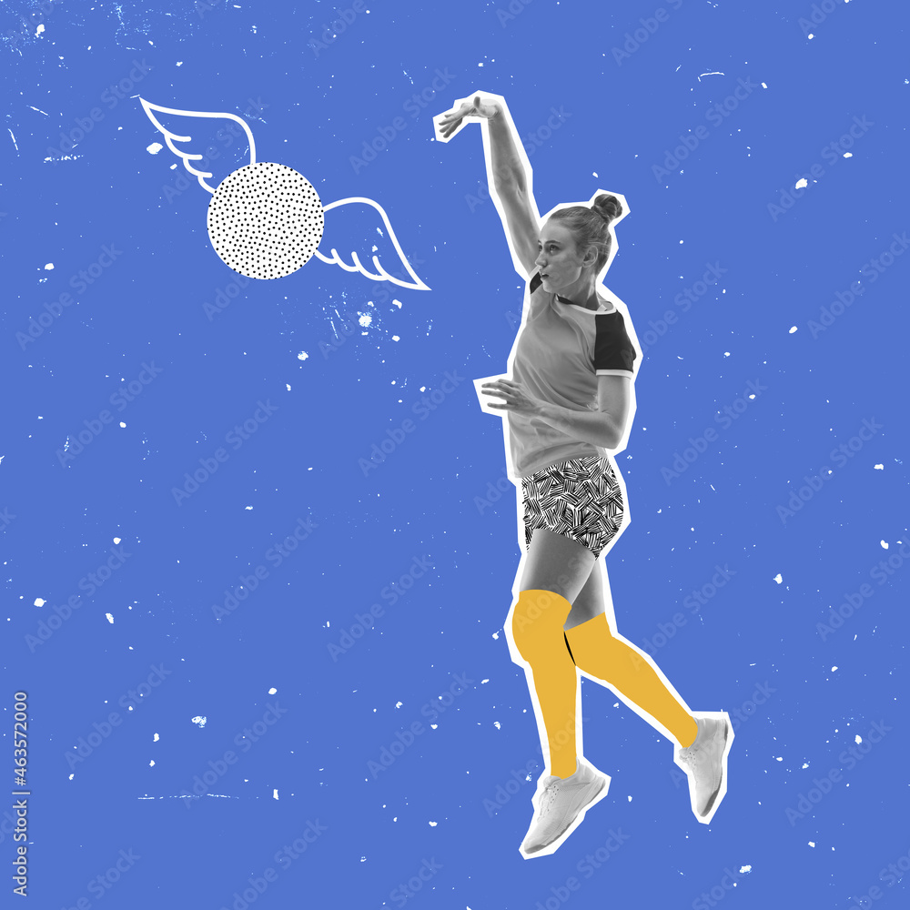 Modern design, contemporary art collage. Inspiration, idea, trendy magazine style. Sport. Professional female volleyball player on blue background. - obrazy, fototapety, plakaty 