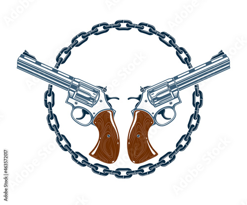 Two crossed handguns vector emblem or logo isolated on white, vintage style coat of arms crest, weapons, army force or gang sign.