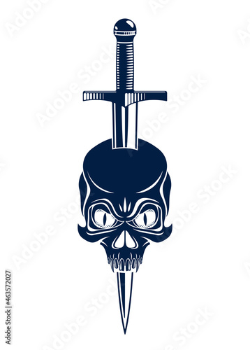 Skull killed by a dagger knife vintage vector emblem or logo isolated on white, vintage style coat of arms crest, gang sign criminality, classic style tattoo.
