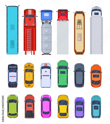Top view public transport. Truck, cars isolated icons. Police and taxi, fire and ambulance vehicle. Colorful creative transportation exact vector elements