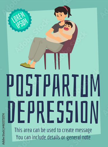 Postpartum depression problem of women after childbirth flat vector illustration.