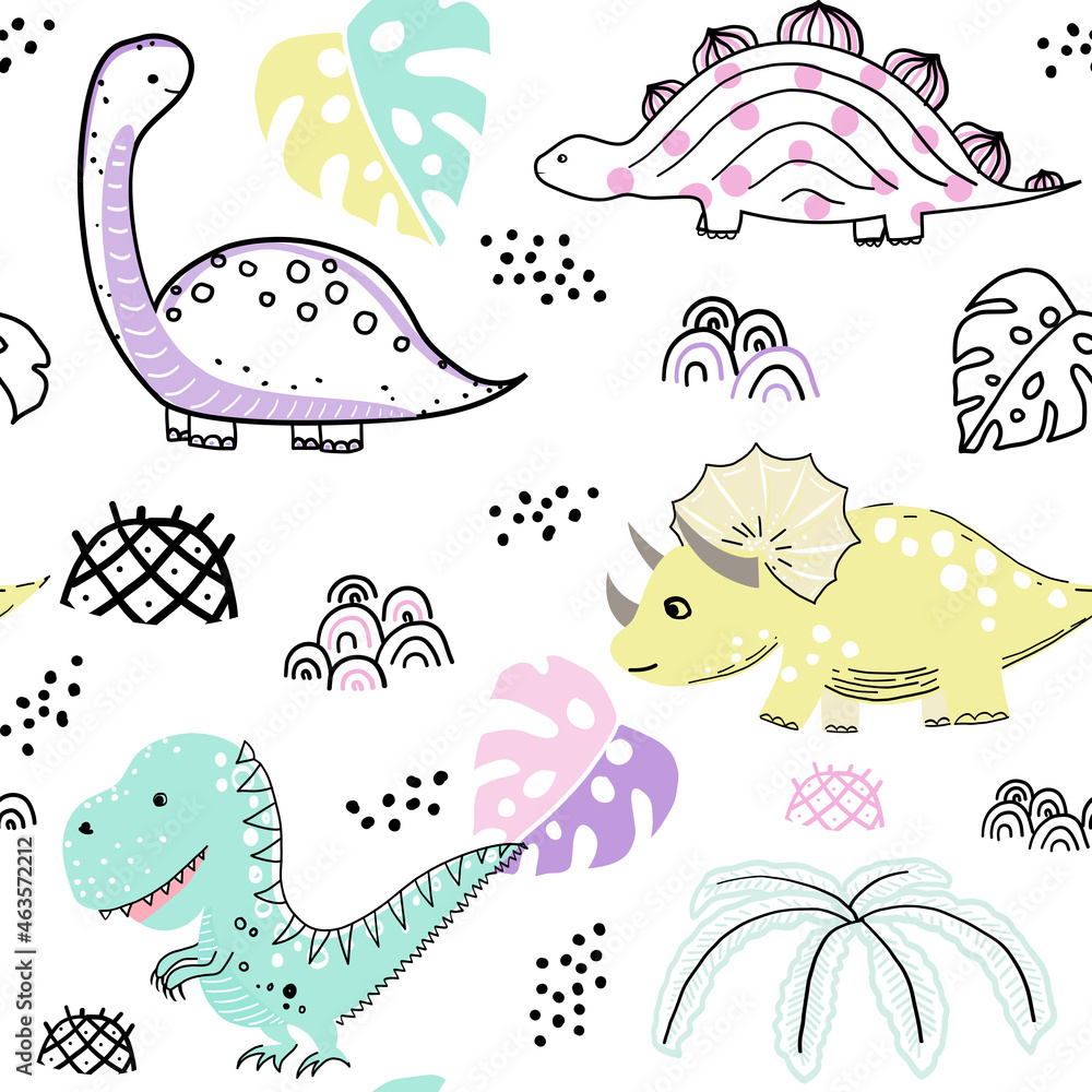 Cute dinosaurs pattern. Hand drawn cute dinosaurs vector background. Backdrop for textile fashion clothes and fabric.