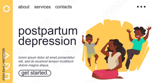 Postpartum depression web banner with tied mother, flat vector illustration.