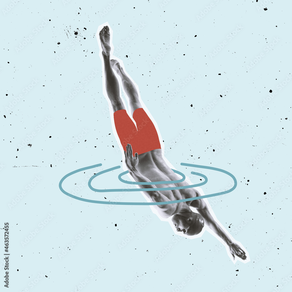 Contemporary art collage, modern design. Swimmer jumping into drwan ocean, sea on pastel background. - obrazy, fototapety, plakaty 