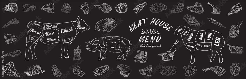 Vintage Butcher shop hand-drawn on a black chalkboard background. Butchery Cow Food Chalk Board Shop. Retro Menu Restaurant poster. Vector.