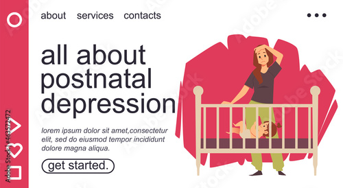 Website banner with woman in postpartum depression, flat vector illustration.
