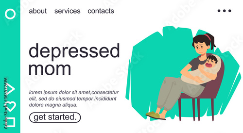 Depressed Mom is sitting on chair holding crying baby. Sad tired mother trying to put to sleep her crying newborn.