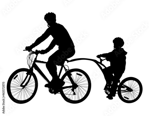 Father and Son Bicycle Silhouette Isolated on White Background. Dad and his Child Cycling together family Bike 