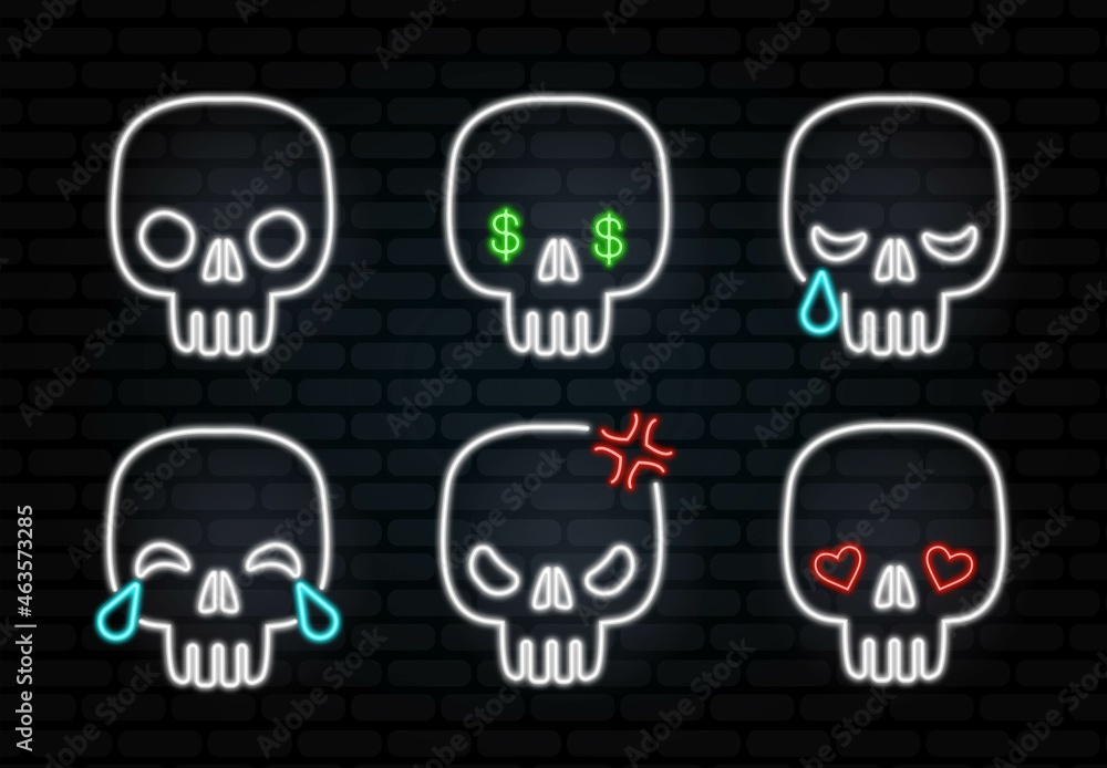 Vector Emoji neon Skull set with Different Reactions Isolated on black Background. Modern Emoticons Collection in Flat Style. Halloween elements. Vector Emoji neon Skull set with Different Reactions Isolated on black Background. Modern Emoticons Collection in Flat Style. Halloween elements.
