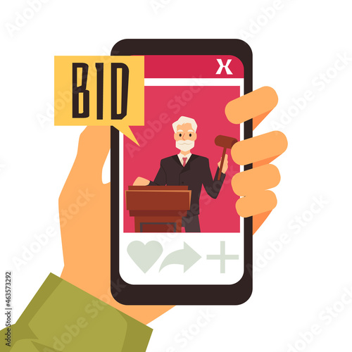 Hand holding smart phone with online auction app on it vector concept.