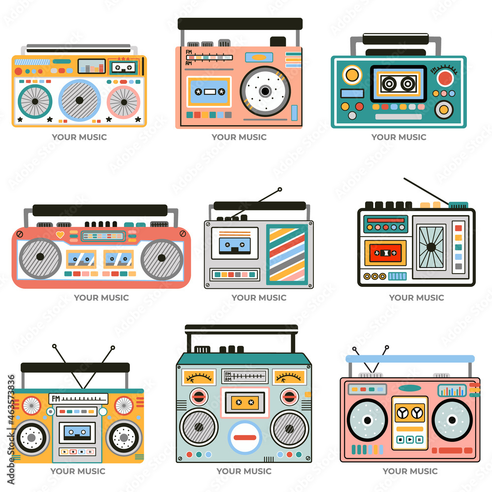 Set of cute and colourful old school tape recorders doodles. Vintage boombox icons. Hand drawn