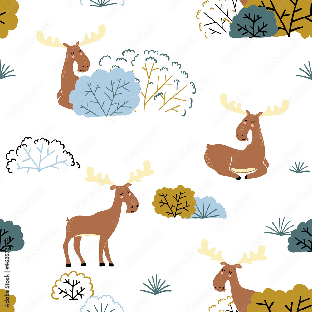 Seamless childish forest pattern with moose and floral elements. Cute ...