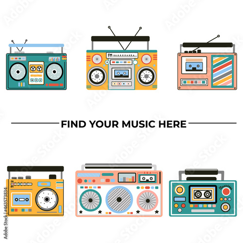Set of cute and colourful old school tape recorders doodles. Vintage boombox icons. Hand drawn illustration. 90s vibes, retro design.