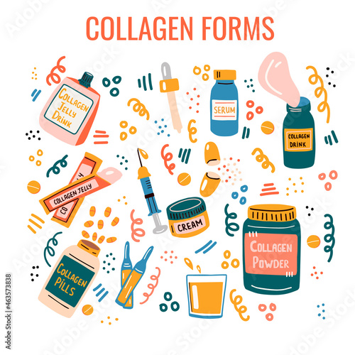 Set of different collagen types. Drink, jelly, powder, cream, injection, etc.  Trendy beauty supplement and ingredient for the skin.