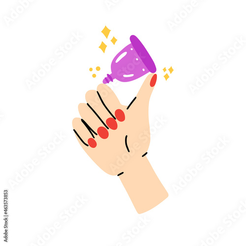 Menstrual cup in the woman hands illustration. Zero waste and plastic free periods. Trendy sanitary product.