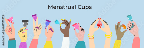 Set of woman hands holding menstrual cups. Size and color variety. Zero waste and plastic free periods.