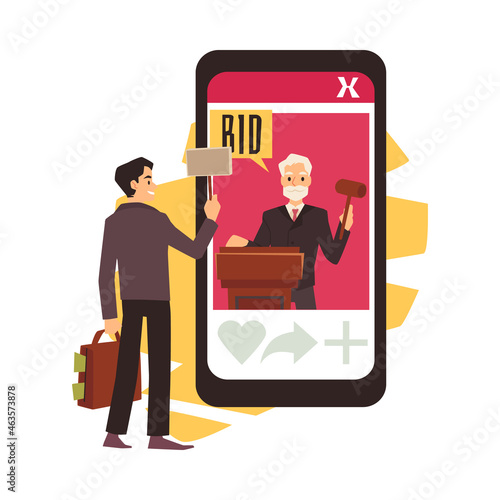 Online auction banner with man placing bids, flat vector illustration isolated.