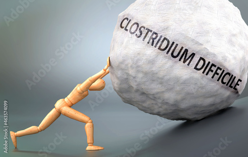 Depiction of Clostridium difficile shown a wooden model pushing heavy weight to symbolize struggle and pain when dealing with Clostridium difficile, 3d illustration photo