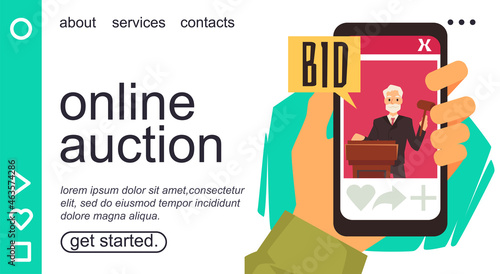 Landing page template with online auction concept, flat vector illustration.
