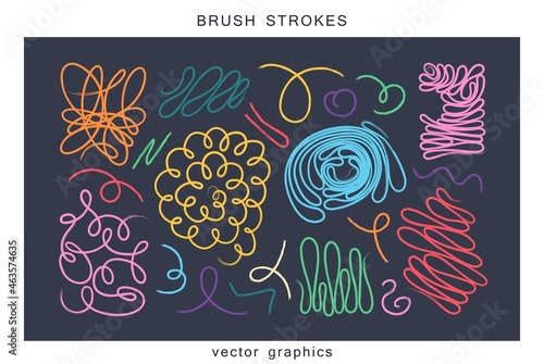 Set of tangled doodles of brush strokes. Trendy minimalistic design elements. Vector template