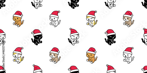 cat seamless pattern christmas santa claus hat kitten calico sitting vector dog pet breed cartoon repeat wallpaper tile background scarf isolated illustration doodle design